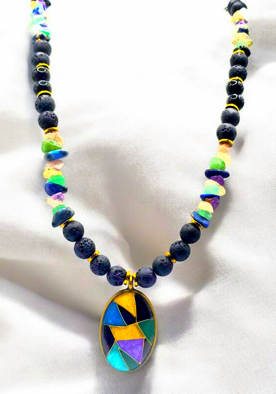 Exclusive New Design Classic Black Lava with Colorful Broken Dea Shell Beads and Golden Hematite Separators complemented with Colorful Mosaic Pendant Necklace for Women