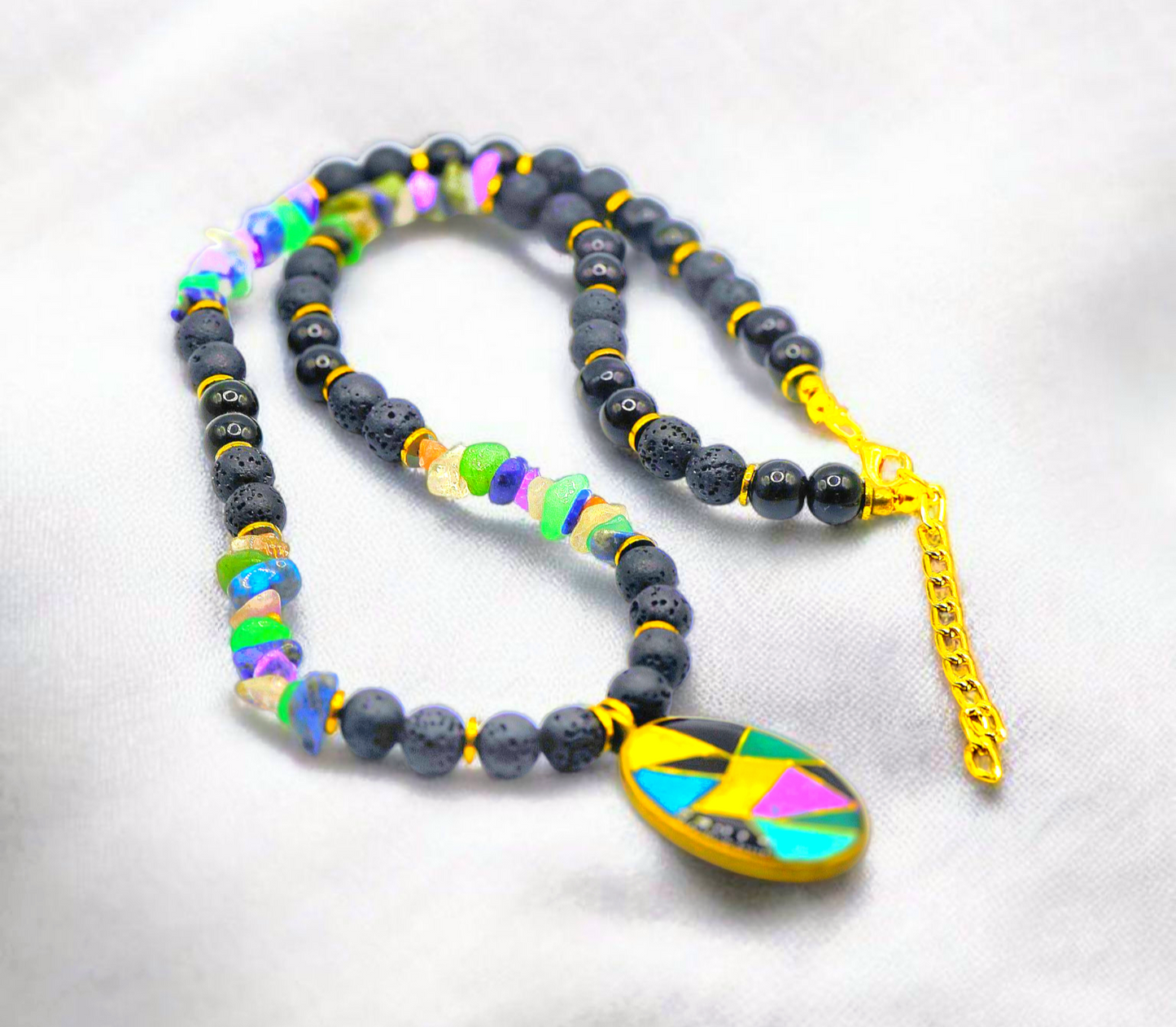 Exclusive New Design Classic Black Lava with Colorful Broken Dea Shell Beads and Golden Hematite Separators complemented with Colorful Mosaic Pendant Necklace for Women
