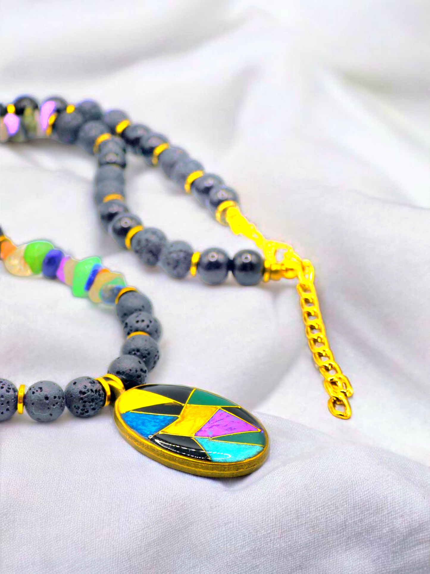 Exclusive New Design Classic Black Lava with Colorful Broken Dea Shell Beads and Golden Hematite Separators complemented with Colorful Mosaic Pendant Necklace for Women