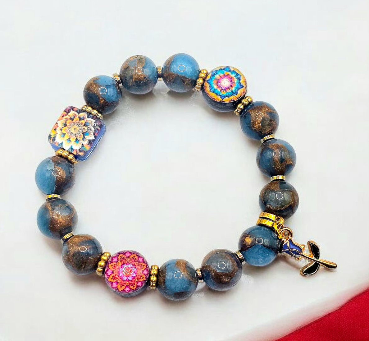 Exclusive New Design Double Face Mandala Handmade Resin Beads and Lake Blue Cloisonne Natural Stone Beads with Golden Hematite Spacera Bracelwt for Women