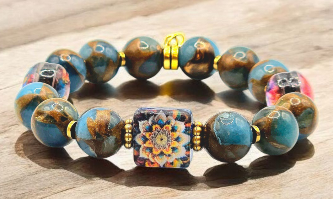Exclusive New Design Double Face Mandala Handmade Resin Beads and Lake Blue Cloisonne Natural Stone Beads with Golden Hematite Spacera Bracelwt for Women