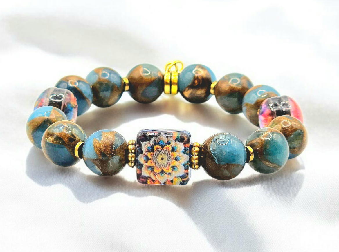 Exclusive New Design Double Face Mandala Handmade Resin Beads and Lake Blue Cloisonne Natural Stone Beads with Golden Hematite Spacera Bracelwt for Women