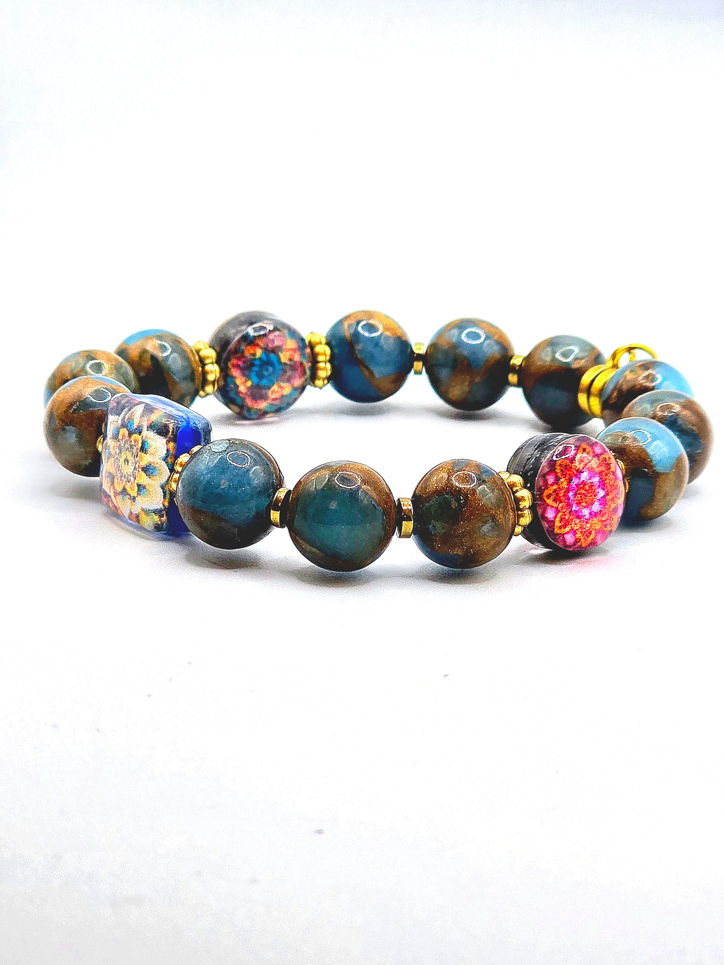 Exclusive New Design Double Face Mandala Handmade Resin Beads and Lake Blue Cloisonne Natural Stone Beads with Golden Hematite Spacera Bracelwt for Women