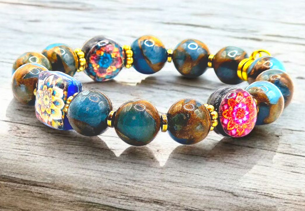 Exclusive New Design Double Face Mandala Handmade Resin Beads and Lake Blue Cloisonne Natural Stone Beads with Golden Hematite Spacera Bracelwt for Women