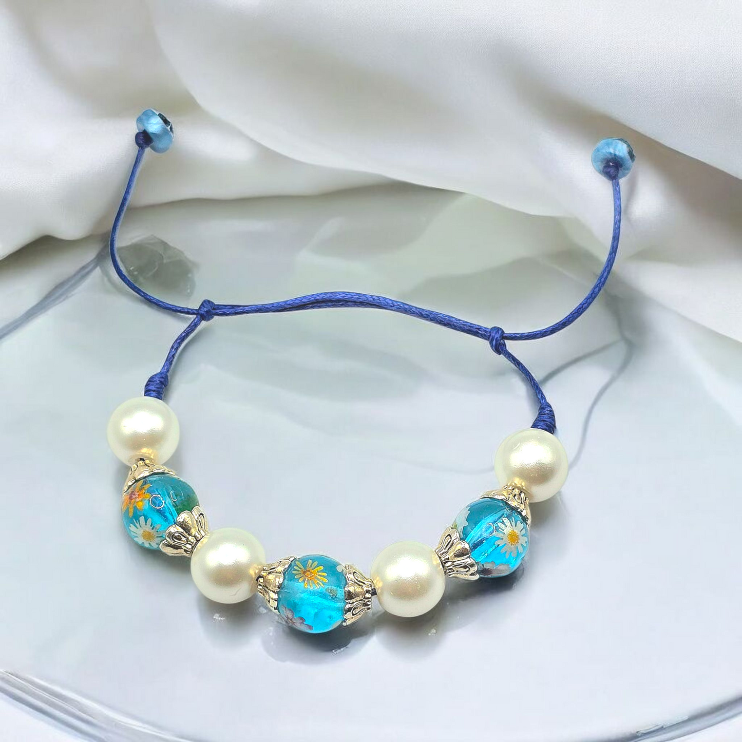 White Pearl, Transparent Blue Resin Flory and Silver Plated Spacers with Silding knot leather Bracelet for Women