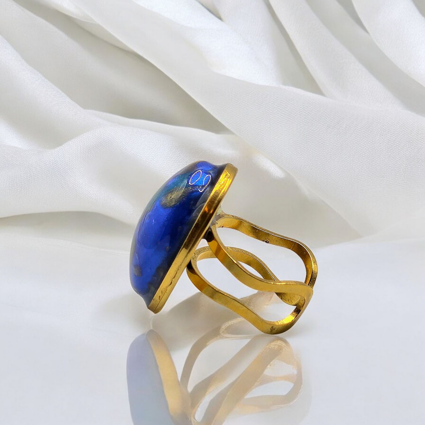 Golden Plated Adjustable Ring with Blue Resin Charm for Women