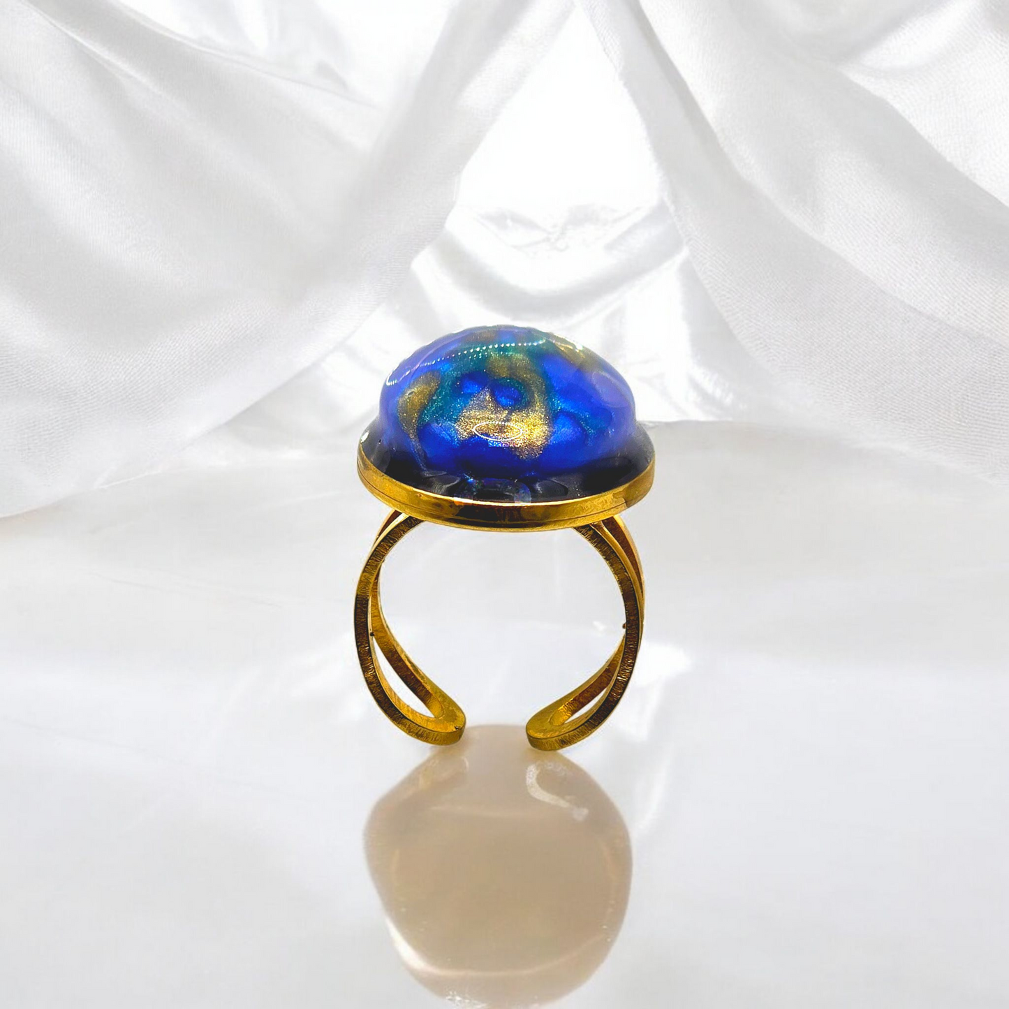 Golden Plated Adjustable Ring with Blue Resin Charm for Women