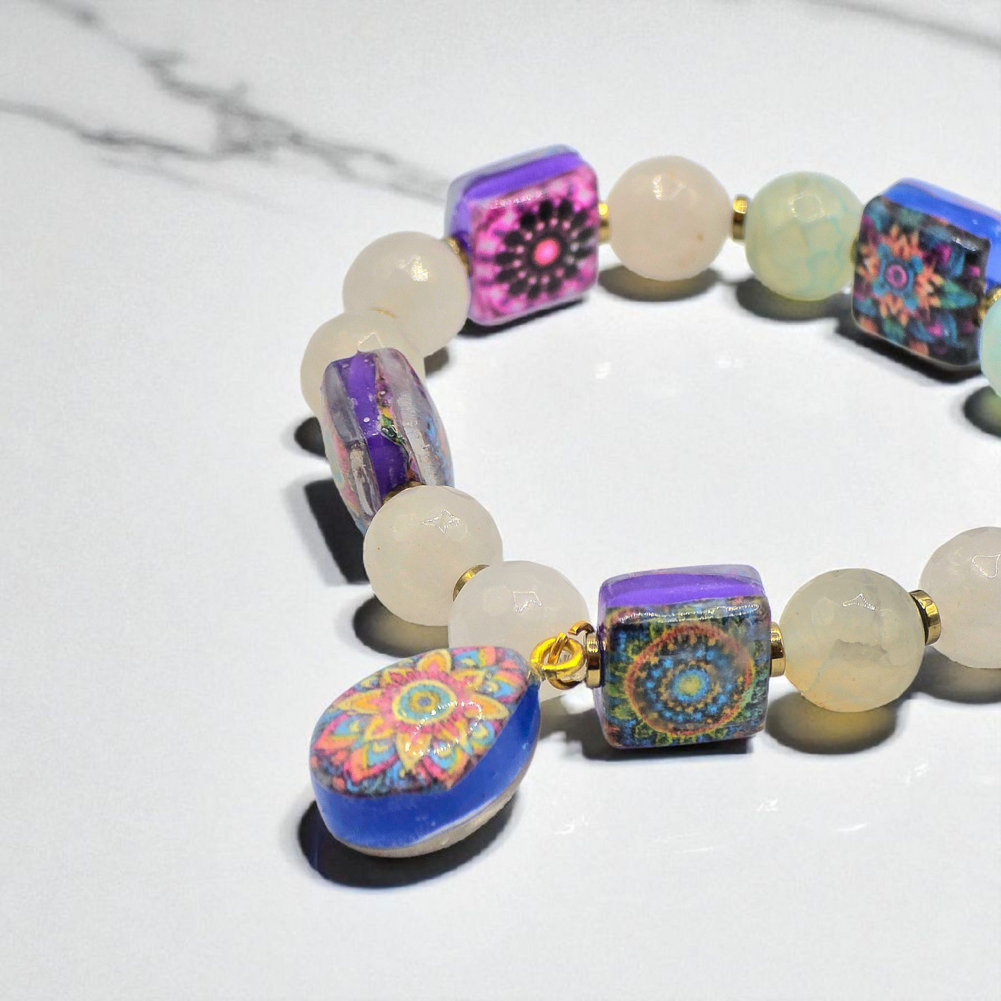 Exclusive design Mandala Resin Square Beads and Agate with Golden Hematite Bracelet for Women