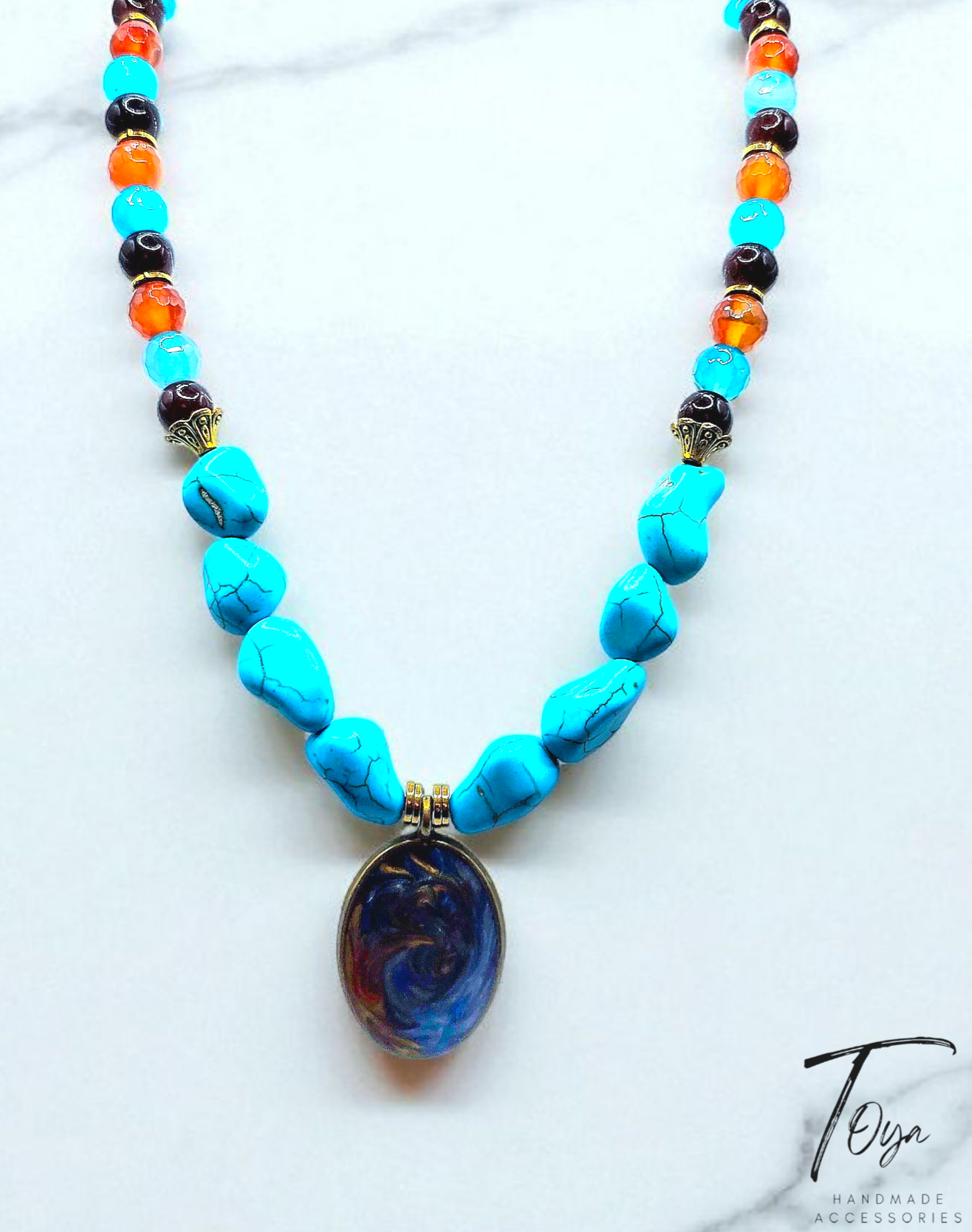 Turquoise and Agate with Colorful Resin Pendant Necklace for Women