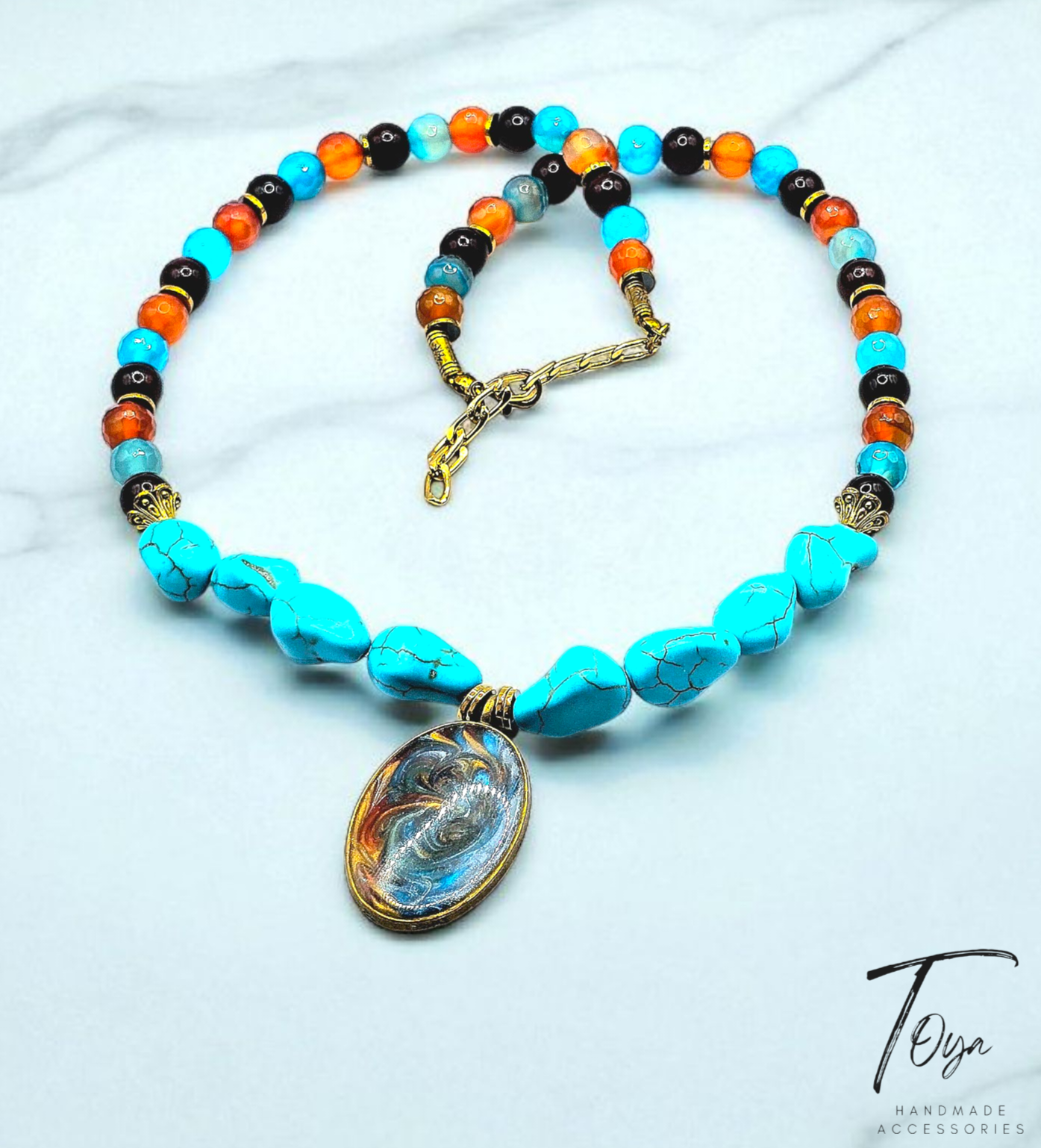 Turquoise and Agate with Colorful Resin Pendant Necklace for Women