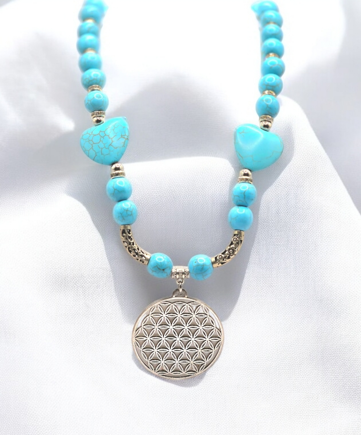 Heart Shape and Round Turquoise Beads with Silver Plated Separators and Charm Necklace for Women