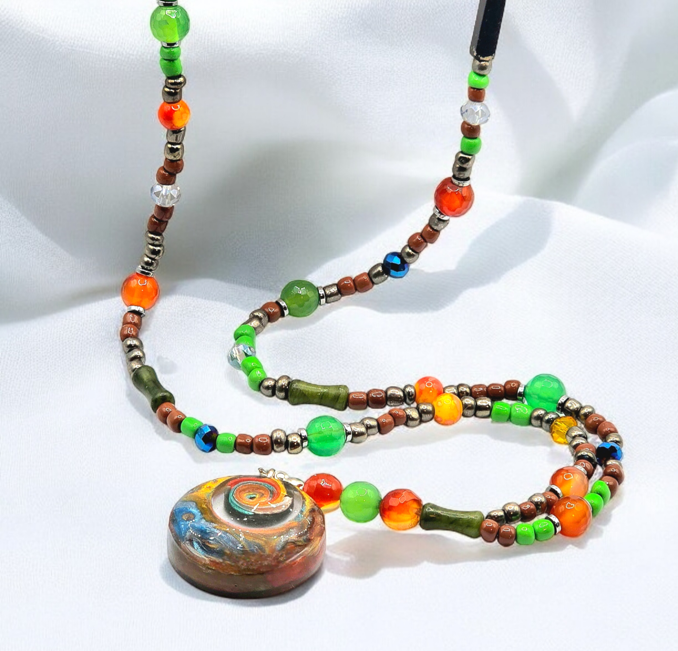 Agate, Seed Beads and Crystal with Colorful Resin Pendant Necklace for Women