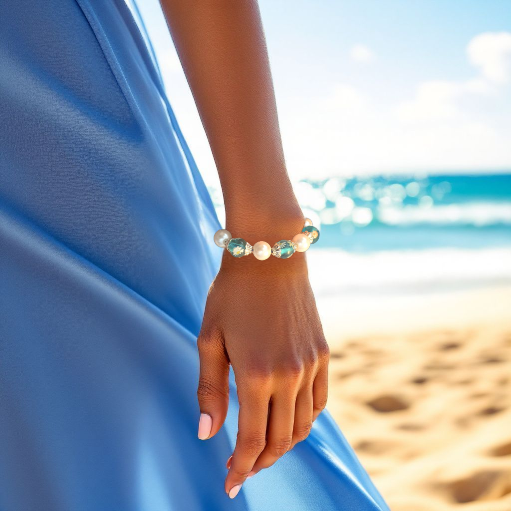 White Pearl, Transparent Blue Resin Flory and Silver Plated Spacers with Silding knot leather Bracelet for Women