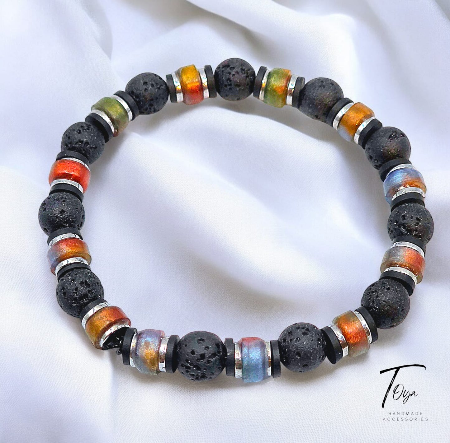 Multicolors Resin with Hematite and Black Lava Bracelet for Men