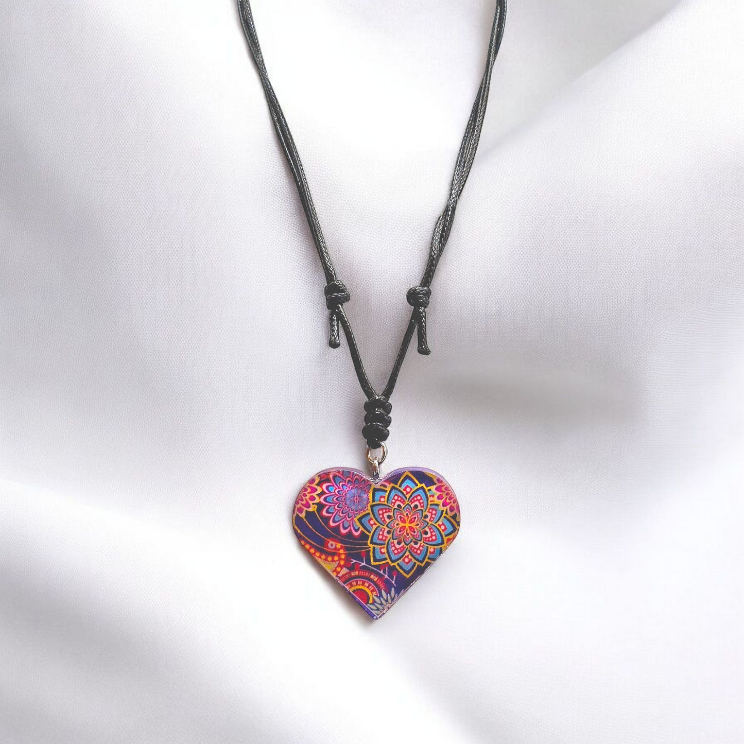 Mandala Resin Heart Shape Pendant with Leather Adjustable Necklace for Women