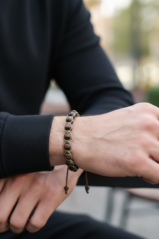 Adjustable Leather Bracelet with Wooden Beads for Men and Women