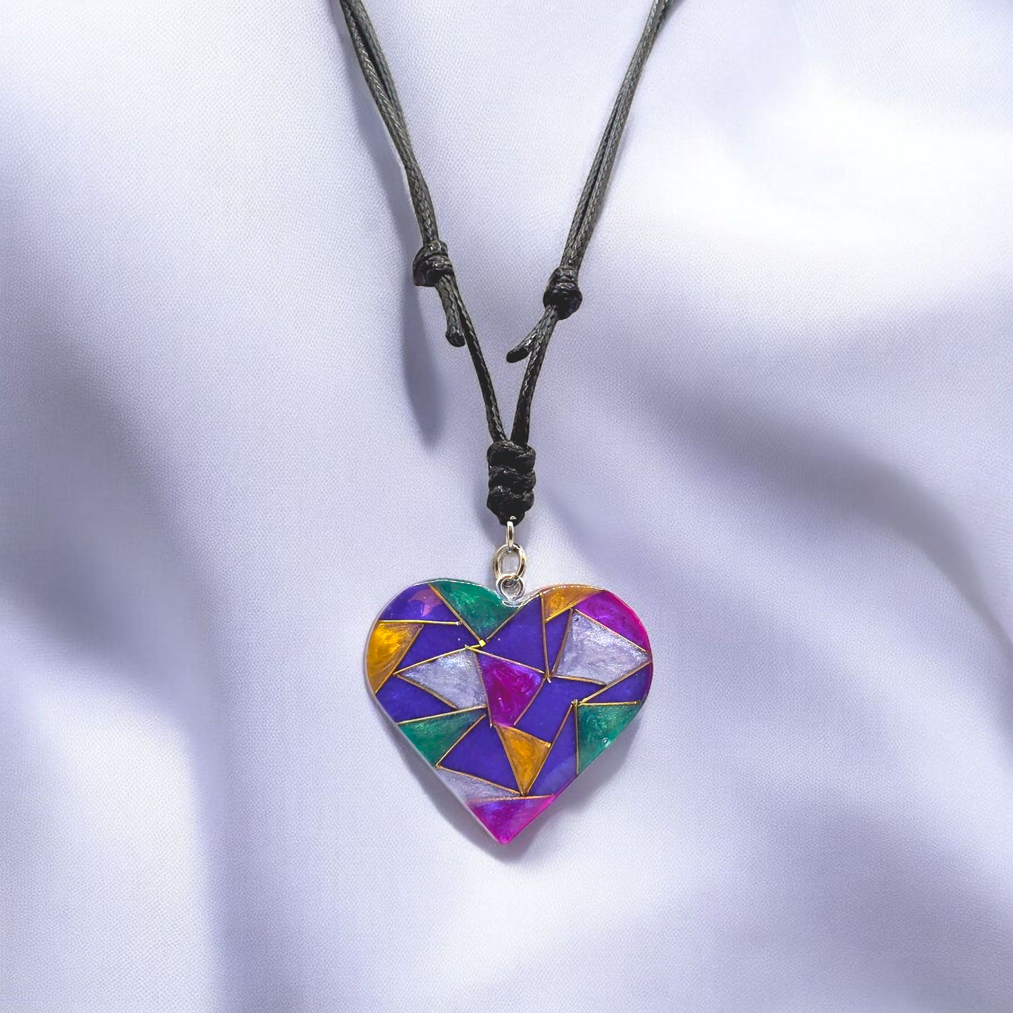 Mosaic Resin Heart Leather Adjustable Necklace