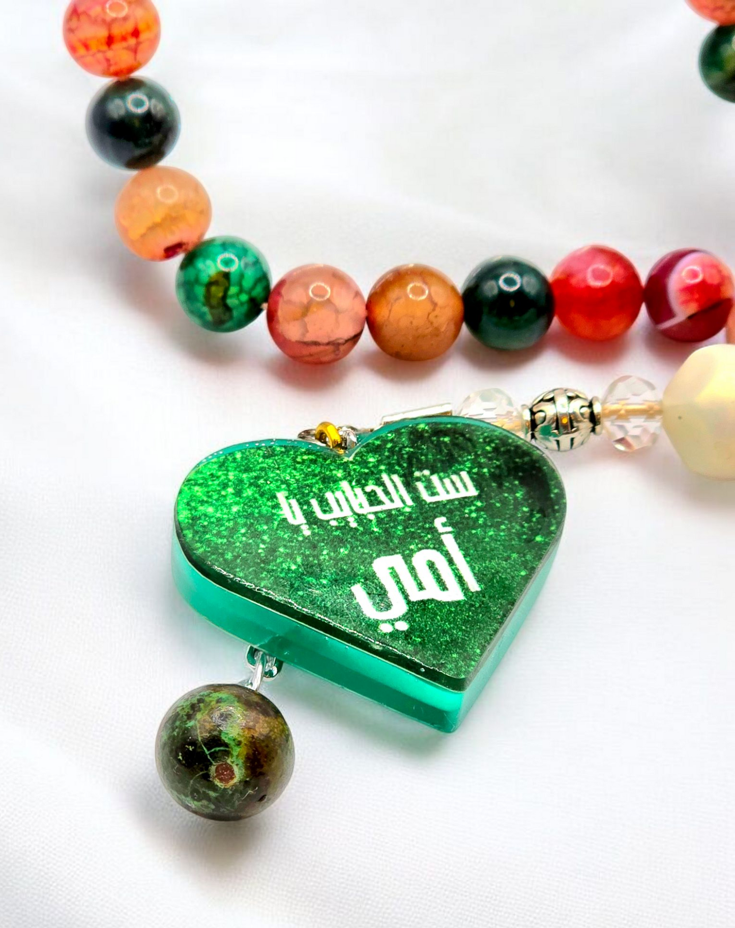 Mother's Day Agate with Heart Shape Resin Pendant Mesbaha