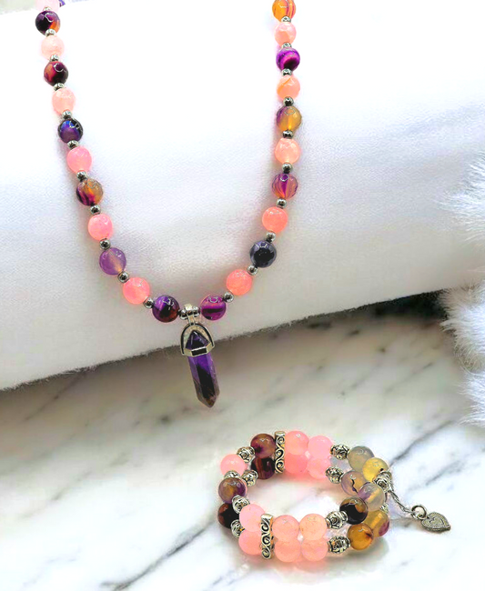 Natural Agate set of Necklace and Double Layers Bracelet for Women