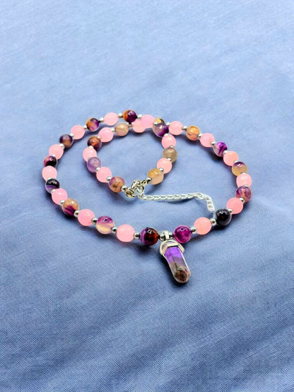 Natural Agate set of Necklace and Double Layers Bracelet for Women