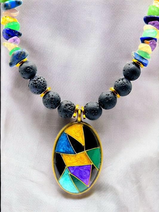 Exclusive New Design Classic Black Lava with Colorful Broken Dea Shell Beads and Golden Hematite Separators complemented with Colorful Mosaic Pendant Necklace for Women