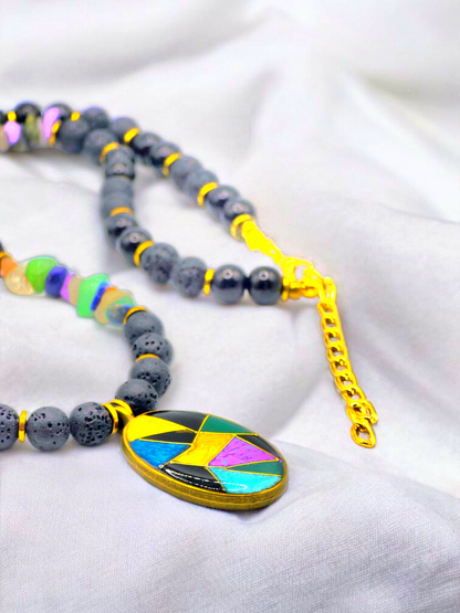 Exclusive New Design Classic Black Lava with Colorful Broken Dea Shell Beads and Golden Hematite Separators complemented with Colorful Mosaic Pendant Necklace for Women