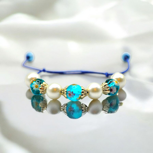 White Pearl, Transparent Blue Resin Flory and Silver Plated Spacers with Silding knot leather Bracelet for Women