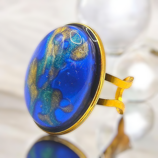 Golden Plated Adjustable Ring with Blue Resin Charm for Women