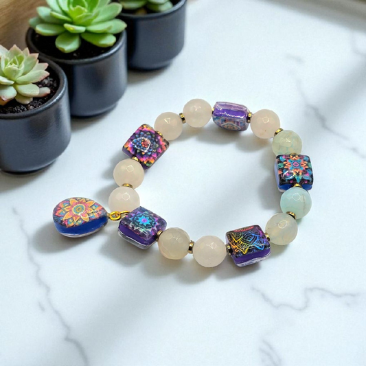 Exclusive design Mandala Resin Square Beads and Agate with Golden Hematite Bracelet for Women