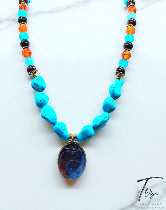 Turquoise and Agate with Colorful Resin Pendant Necklace for Women