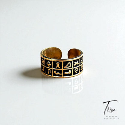 Adjustable Copper Ring for Women "Egyptian hieroglyphs"