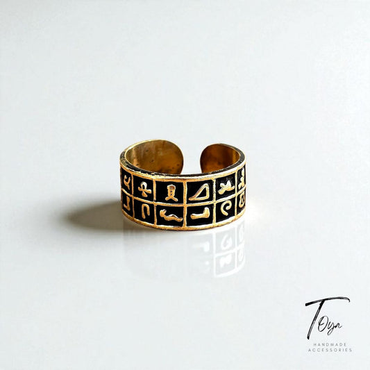 Adjustable Copper Ring for Women "Egyptian hieroglyphs"