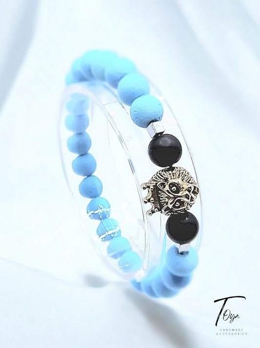 Baby Blue Lava and Black Onyx with Lion Head Charm Bracelet for Men