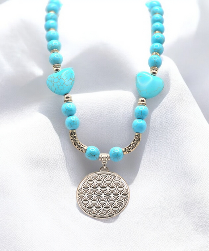 Heart Shape and Round Turquoise Beads with Silver Plated Separators and Charm Necklace for Women
