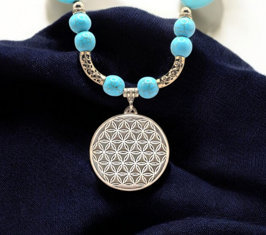 Heart Shape and Round Turquoise Beads with Silver Plated Separators and Charm Necklace for Women