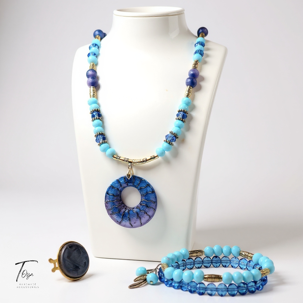 Blended Crystal and Resin Necklace, Bracelet and Ring Jewelry Set for Women