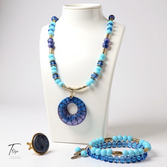 Blended Crystal and Resin Necklace, Bracelet and Ring Jewelry Set for Women