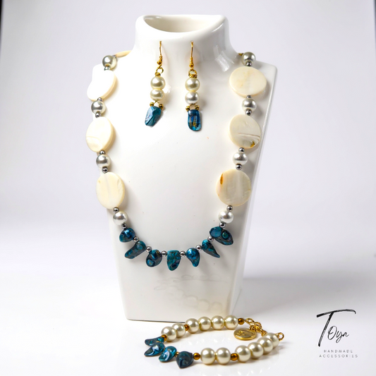 Luxury Minimalist, Blue Shell and Pearl Necklace, Earring and Bracelet Jewelry Set for Women