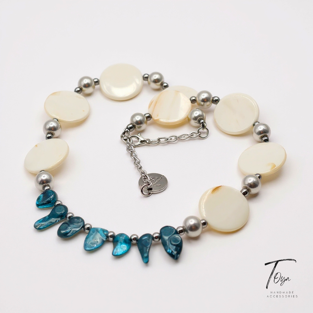 Luxury Minimalist, Blue Shell and Pearl Necklace, Earring and Bracelet Jewelry Set for Women