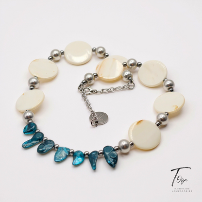 Luxury Minimalist, Blue Shell and Pearl Necklace, Earring and Bracelet Jewelry Set for Women