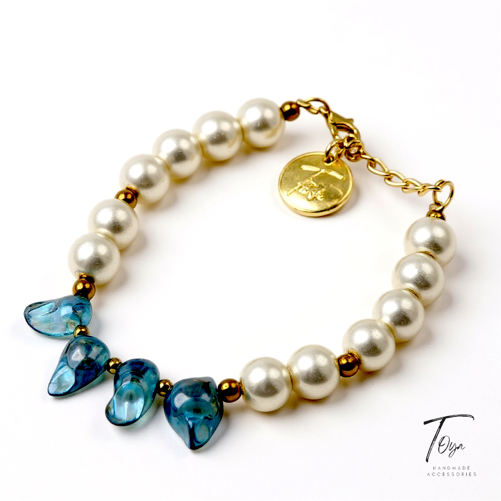 Luxury Minimalist, Blue Shell and Pearl Necklace, Earring and Bracelet Jewelry Set for Women