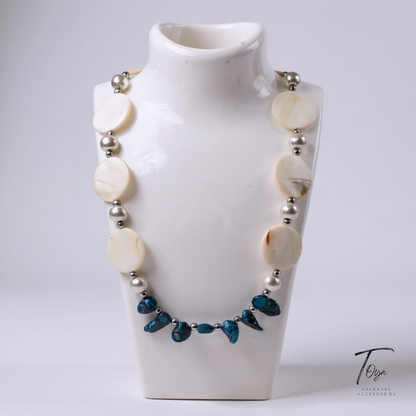 Luxury Minimalist, Blue Shell and Pearl Necklace, Earring and Bracelet Jewelry Set for Women