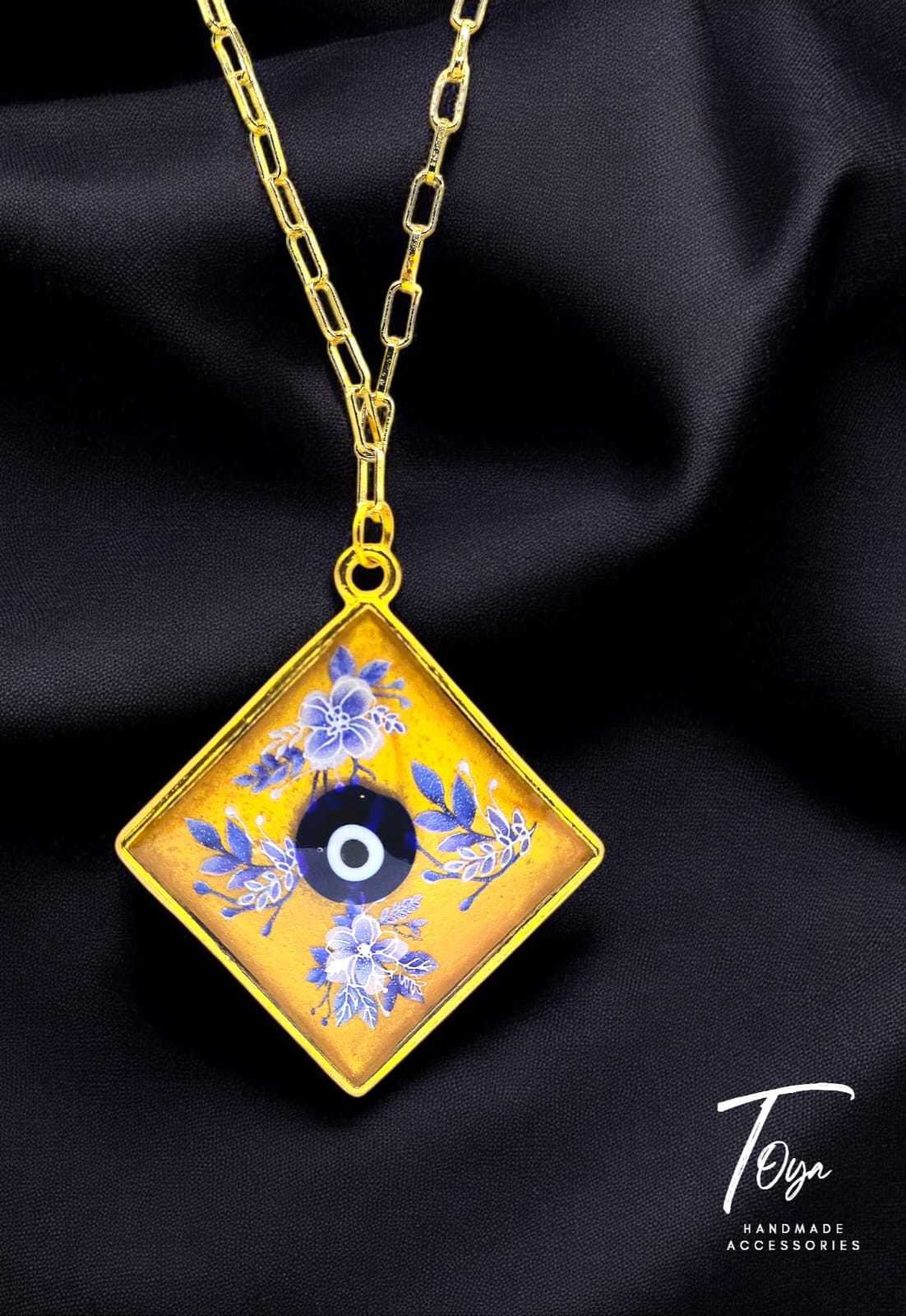 Golden Resin With Blue Evil Eye Pendant and Earring Set with Golden Plated Chain Jewelry Set for Women