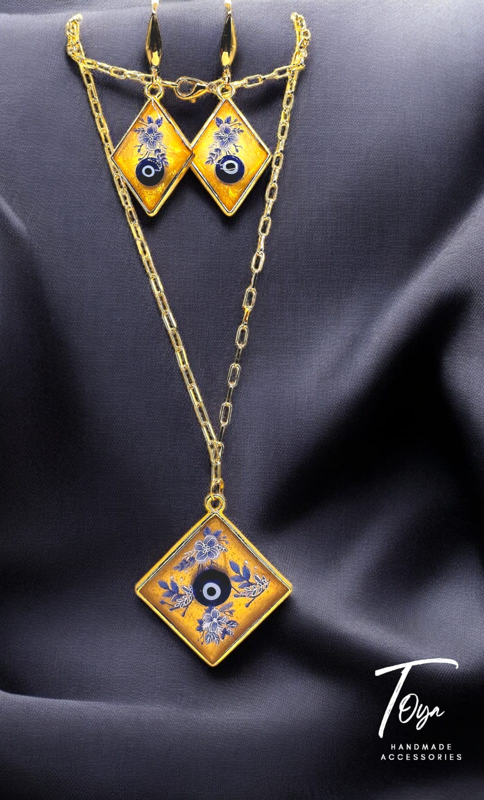 Golden Resin With Blue Evil Eye Pendant and Earring Set with Golden Plated Chain Jewelry Set for Women