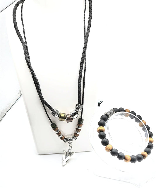 Personalized Double Layer Leather Wooden Necklace with Onyx Bracelet