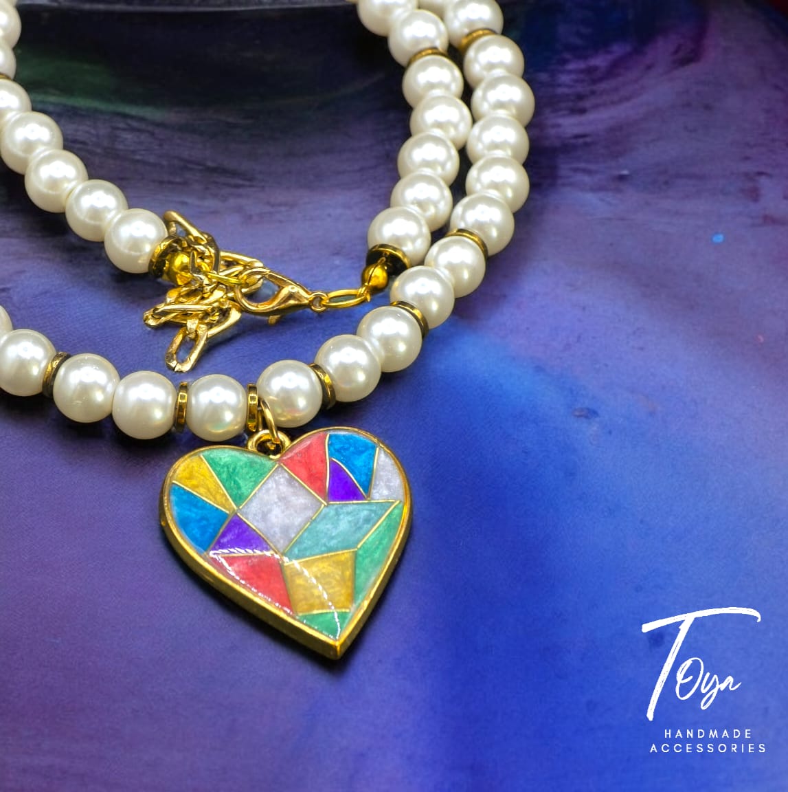 White Pearl with Mosaic Style Colorful Resin Heart Shape Pendant Necklace for Women and Girls