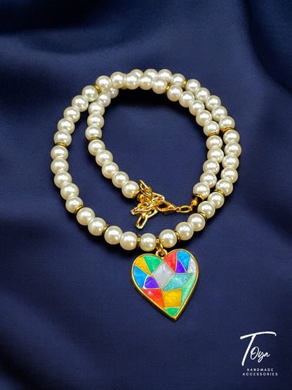 White Pearl with Mosaic Style Colorful Resin Heart Shape Pendant Necklace for Women and Girls