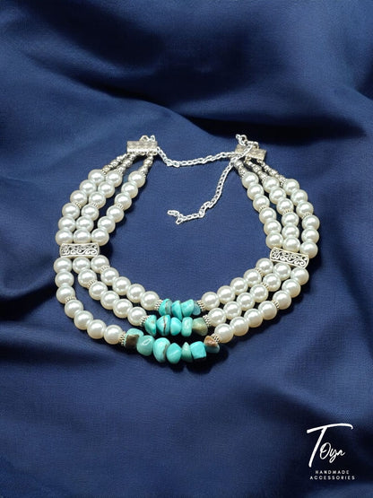 Multilayers Pearl and Rock Turquoise Beads Necklace for Women