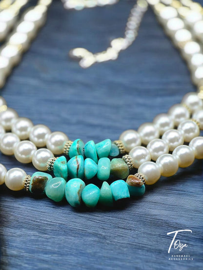 Multilayers Pearl and Rock Turquoise Beads Necklace for Women