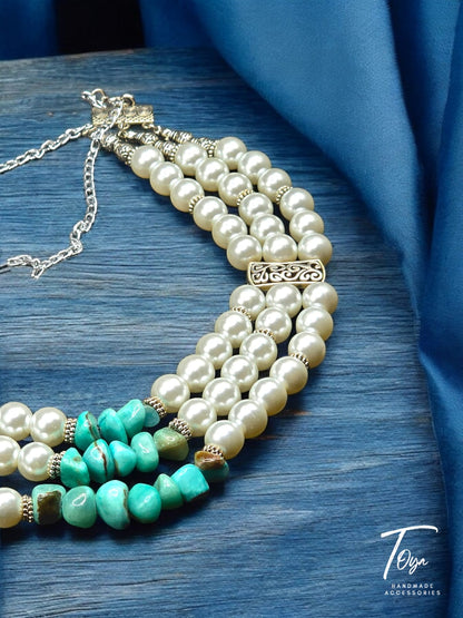 Multilayers Pearl and Rock Turquoise Beads Necklace for Women